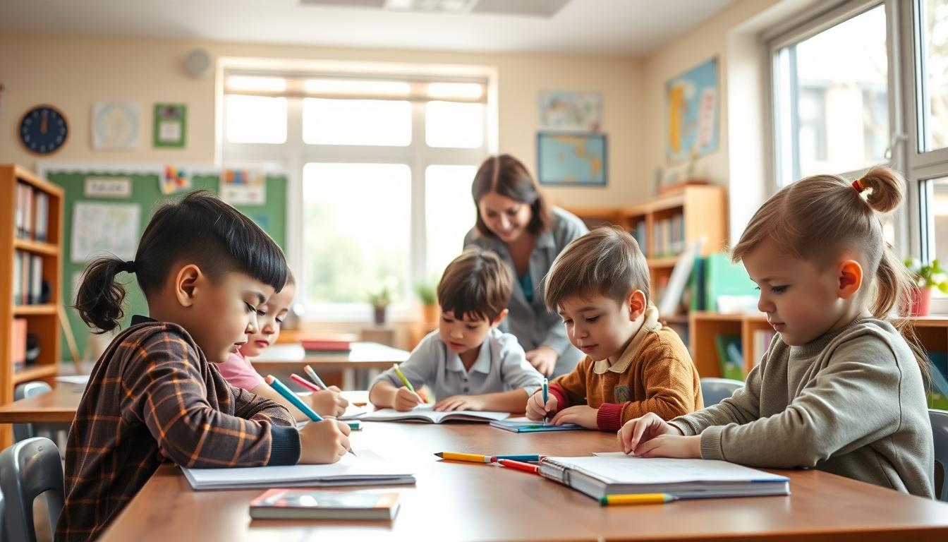 Students studying together in modern classroom